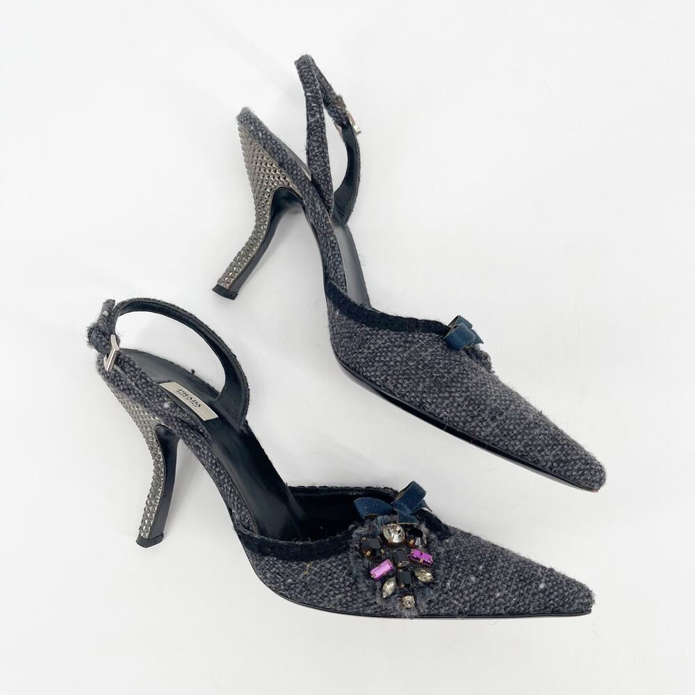 Vintage Prada Gray Tweed Crystal Bow Detail Slingback Pointed Toe Heels IT 38.5 - Picture 3 of 11